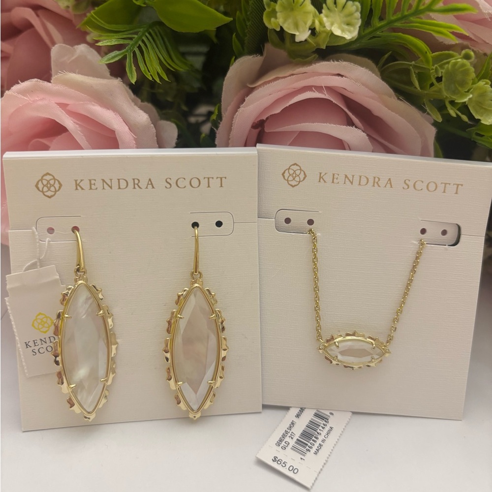 NWT Set of Kendra Scott Genevieve Earrings + Short Pendant Necklace in gold MOP